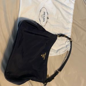 Authentic Prada Nylon Shoulder Bag [Navy Blue Body, Black Straps]